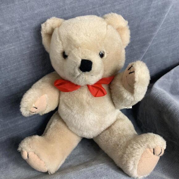Teddy Bear Beige Jointed with Red Ribbon  9” Tall Plush Stuffed Animal Toy - Picture 1 of 6